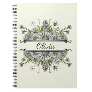 Cuaderno Hermoso dibujo de flores negras y blancas