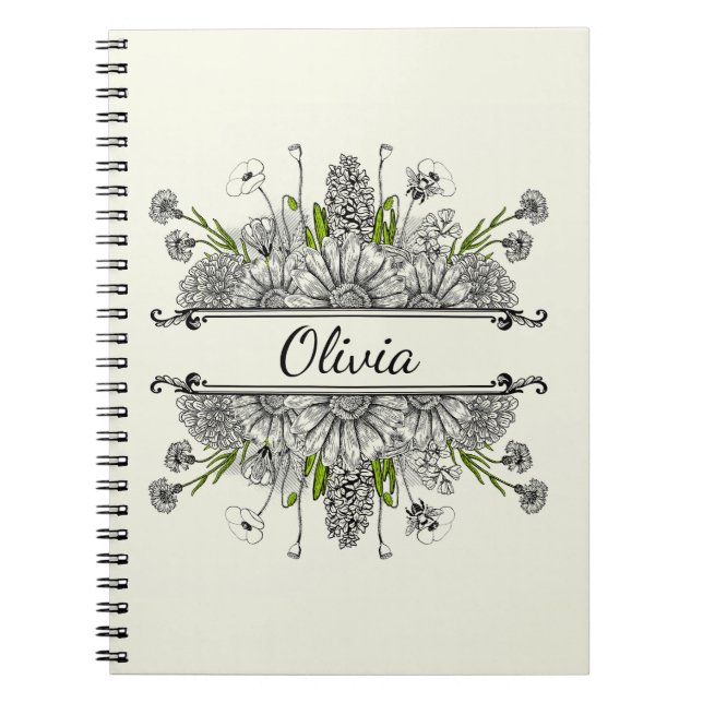 Cuaderno Hermoso dibujo de flores negras y blancas (Frente)