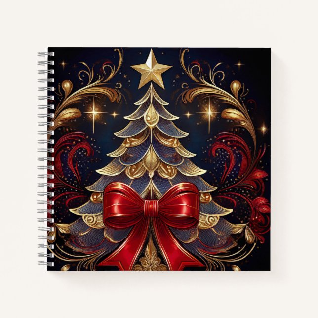 Cuaderno Hermoso diseño de cinta roja de árbol de Navidad (Anverso)