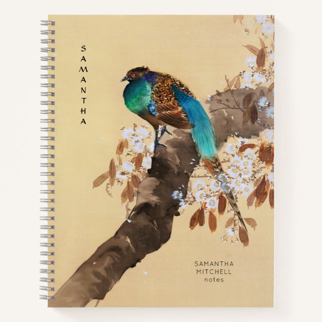 Cuaderno Hermoso faisán floreciente árbol vintage japonés (Anverso)