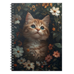 Cuaderno Hermoso gatito naranja con flores silvestres