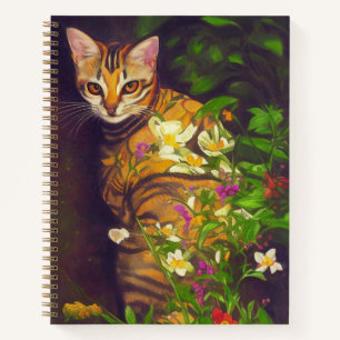 Cuaderno Hermoso gato abisano en un jardín nocturno
