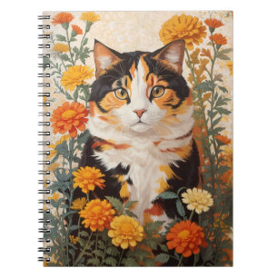 Cuaderno Hermoso Gato Calico Con Flores Marigold