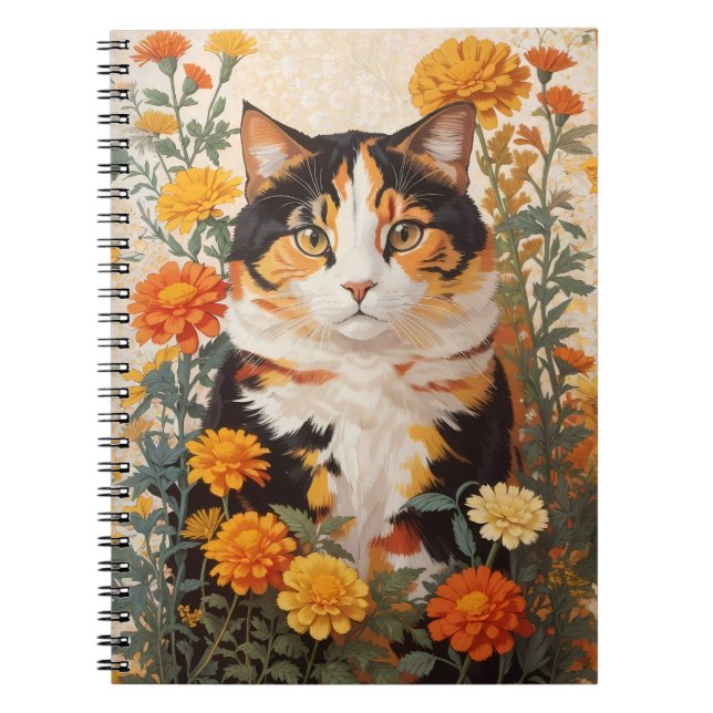 Cuaderno Hermoso Gato Calico Con Flores Marigold (Frente)