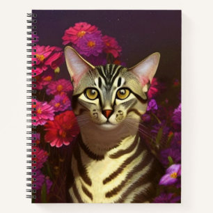 Cuaderno Hermoso gato Mau egipcio en un jardín nocturno