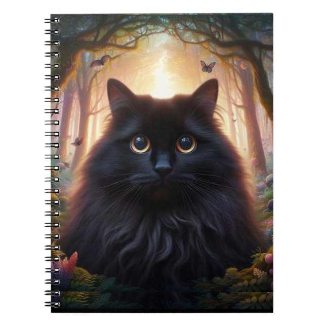 Cuaderno Hermoso Gato Negro Fluffy con Ojos de Oro (Frente)