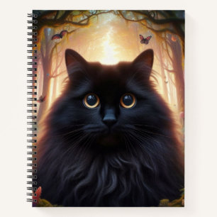 Cuaderno Hermoso Gato Negro Fluffy con Ojos de Oro