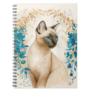 CUADERNO HERMOSO GATO SIAMÉS CON FLORES AZULES