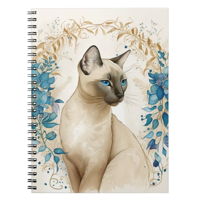 CUADERNO HERMOSO GATO SIAMÉS CON FLORES AZULES (Frente)