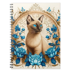 CUADERNO HERMOSO GATO SIAMÉS CON FLORES AZULES