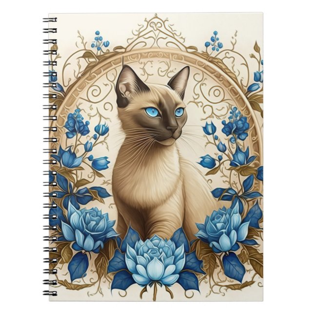 CUADERNO HERMOSO GATO SIAMÉS CON FLORES AZULES (Frente)