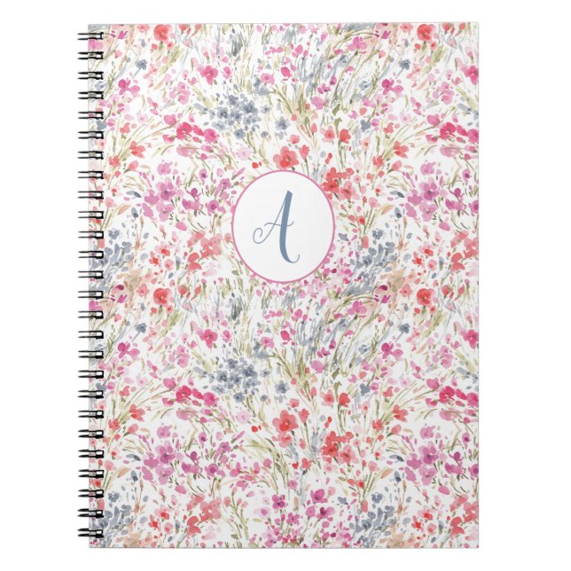 Cuaderno Hermoso Monograma de Patrón de Acuarela de Flor Si (Frente)