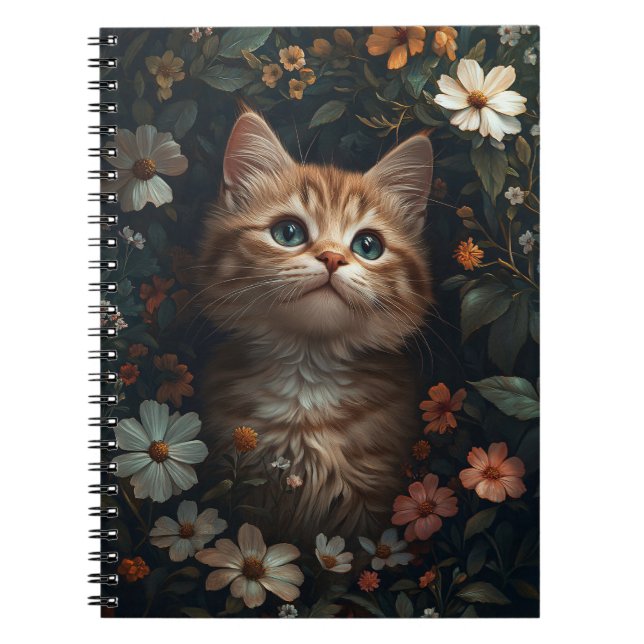 Cuaderno Hermoso Naranja Kitten con flores silvestres (Frente)