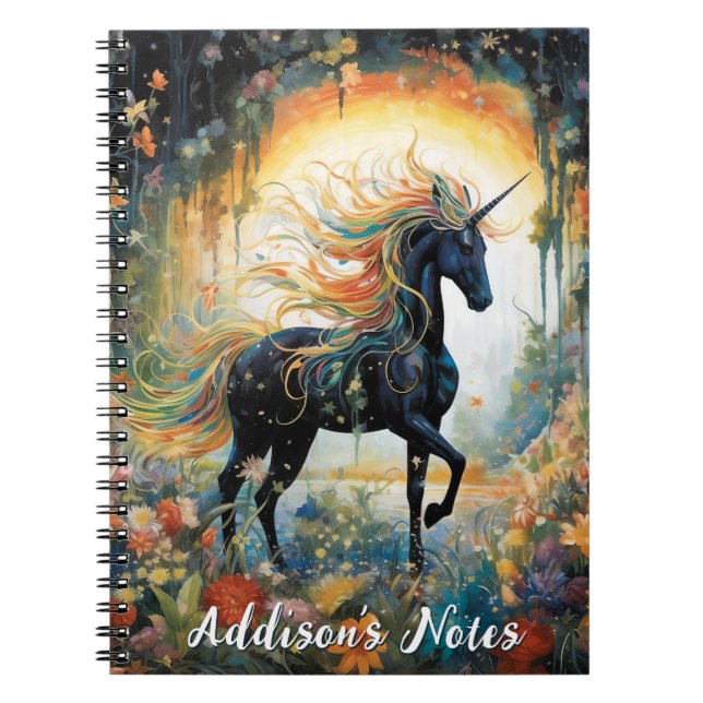 Cuaderno Hermoso nombre personalizado de unicornio negro (Frente)