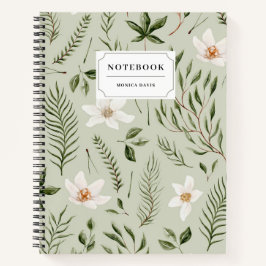 Cuaderno Hermoso patrón botánico floral verde dorado blanco