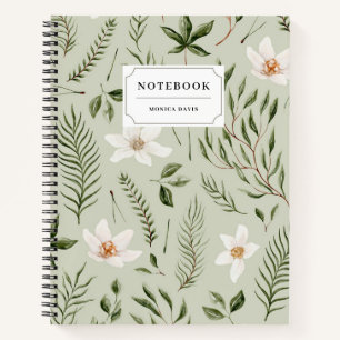 Cuaderno Hermoso patrón botánico floral verde dorado blanco