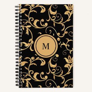 Cuaderno Hermoso patrón de damasco dorado y negro elegante
