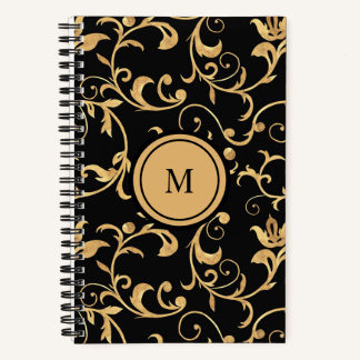 Cuaderno Hermoso patrón de damasco dorado y negro elegante