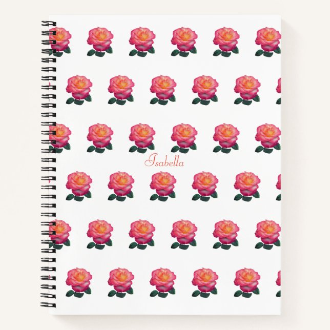 Cuaderno Hermoso patrón de rosa rosa personalizado sobre bl (Anverso)