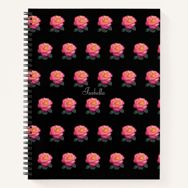 Cuaderno Hermoso patrón de rosa rosa personalizado sobre ne (Anverso)