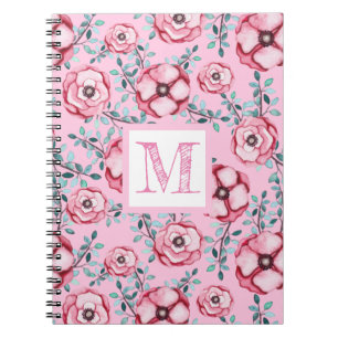 Cuaderno Hermoso patrón floral monograma rosa