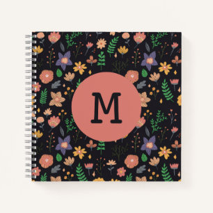 Cuaderno Hermoso patrón floral oscuro moderno con monograma