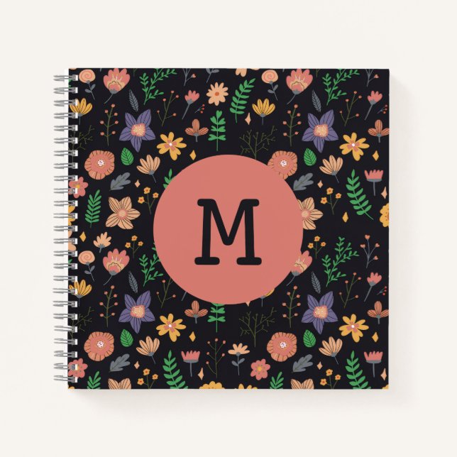 Cuaderno Hermoso patrón floral oscuro moderno con monograma (Anverso)