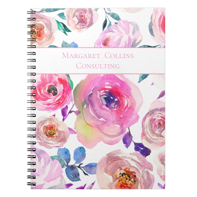 Cuaderno Hermoso patrón floral rosa y púrpura llamado Lovel (Frente)