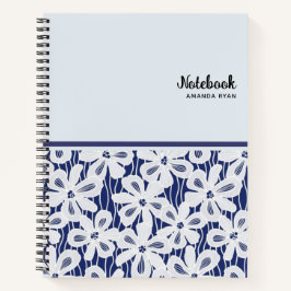 Cuaderno Hermoso patrón floral vintage azul marino blanco