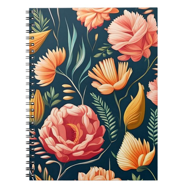 Cuaderno Hermoso patrón rosa, Naranja y flor roja (Frente)