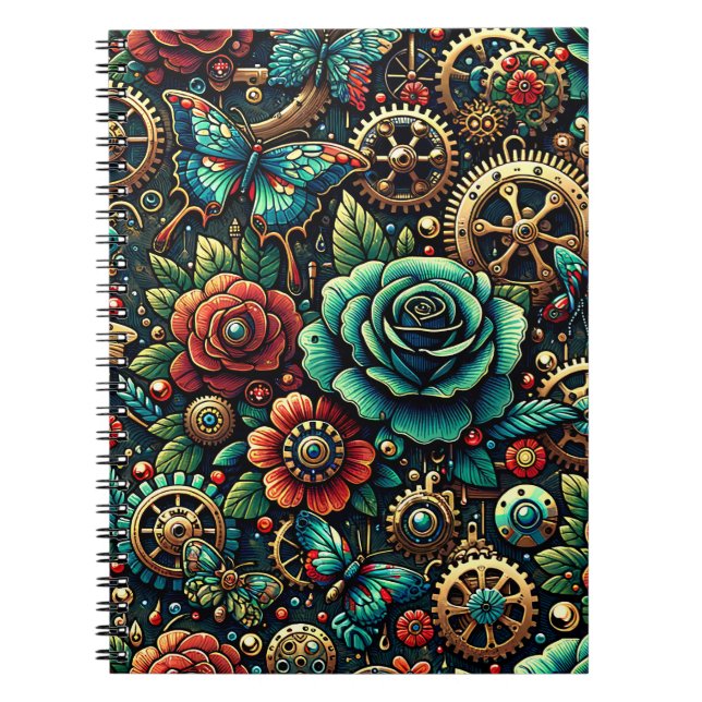 Cuaderno Hermoso tema de engranajes y rosas Steampunk (Frente)