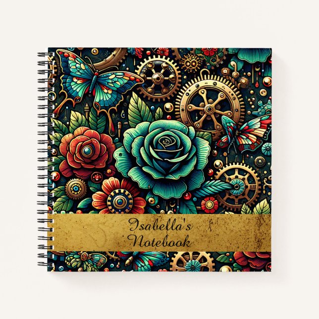 Cuaderno Hermoso tema de engranajes y rosas Steampunk (Anverso)