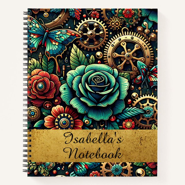 Cuaderno Hermoso tema de engranajes y rosas Steampunk (Anverso)