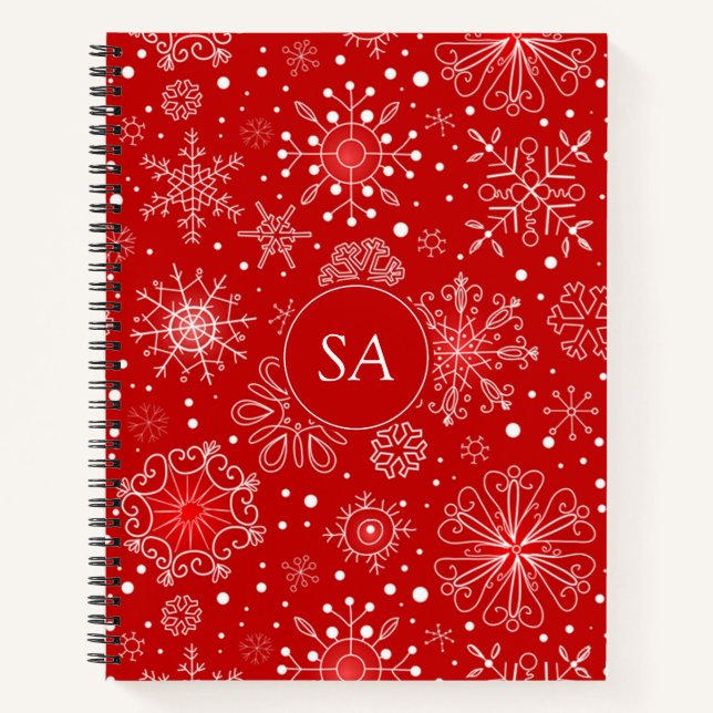 Cuaderno Hermosos copos de nieve en Navidades de fondo rojo (Anverso)