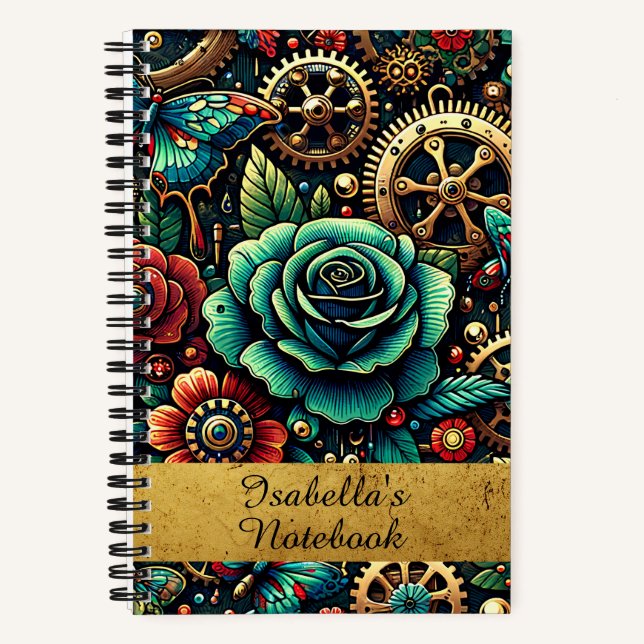 Cuaderno Hermosos engranajes y Rosas temáticos de Steampunk (Anverso)