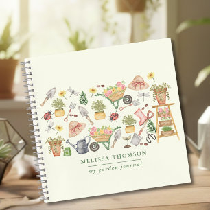 Cuaderno Herramientas de jardinería en acuarela rosa botáni