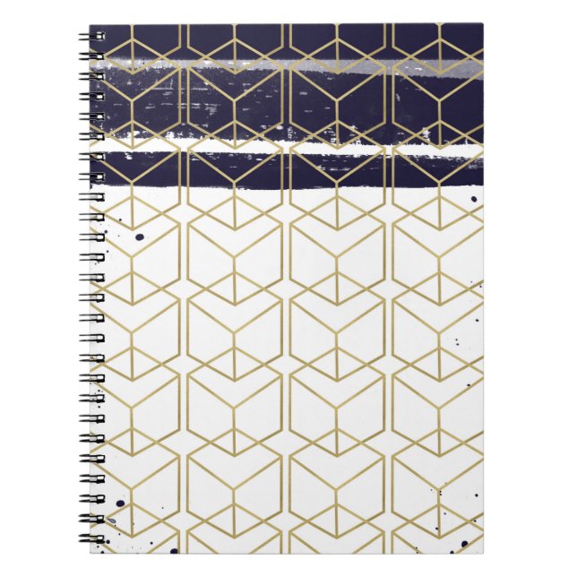 Cuaderno Hexágono Moderno Azul Marino Dorado Geométrico Gla (Frente)