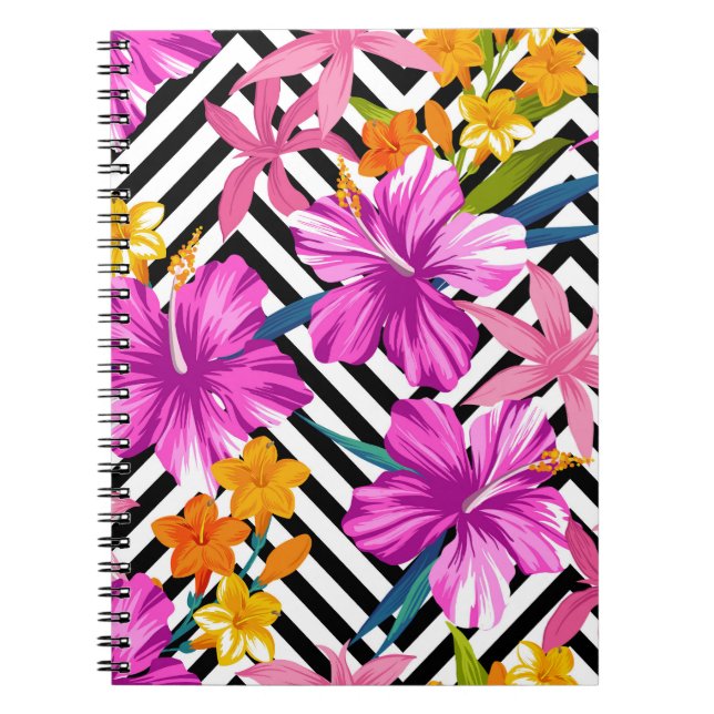 Cuaderno hibisco tropical, hojas de palma, geométrico. (Frente)