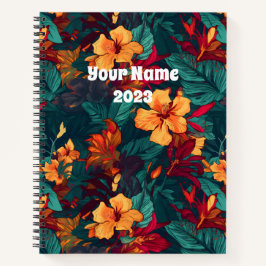 Cuaderno Hibiscus colorido, floral verde Naranja amarillo