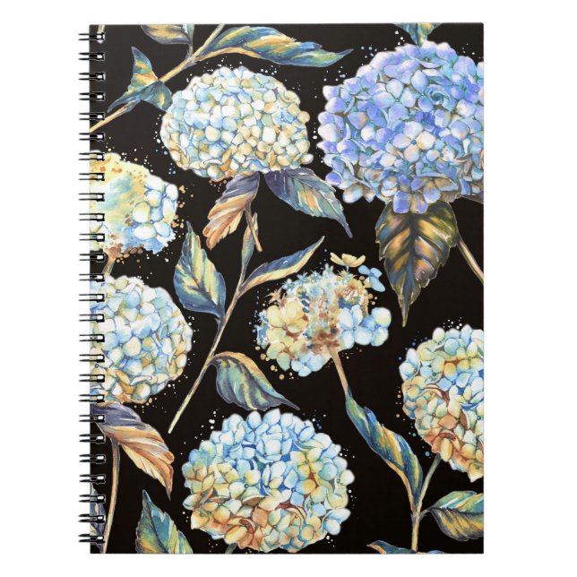 Cuaderno Hidrangea Azul Acuarela: Patrón oscuro sin foco (Frente)