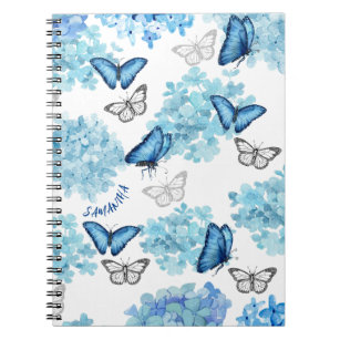 Cuaderno Hidrangea de color azul y mariposa de ensueño
