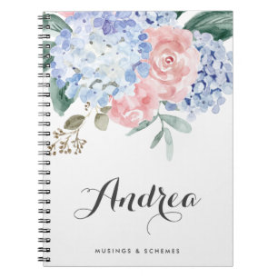 Cuaderno Hidrangeas azules y calligrafía de rosas rosas ro