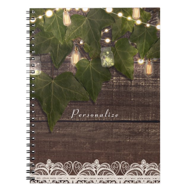 Cuaderno Hiedra y luces de cuerda frasco de albañil rústico (Frente)