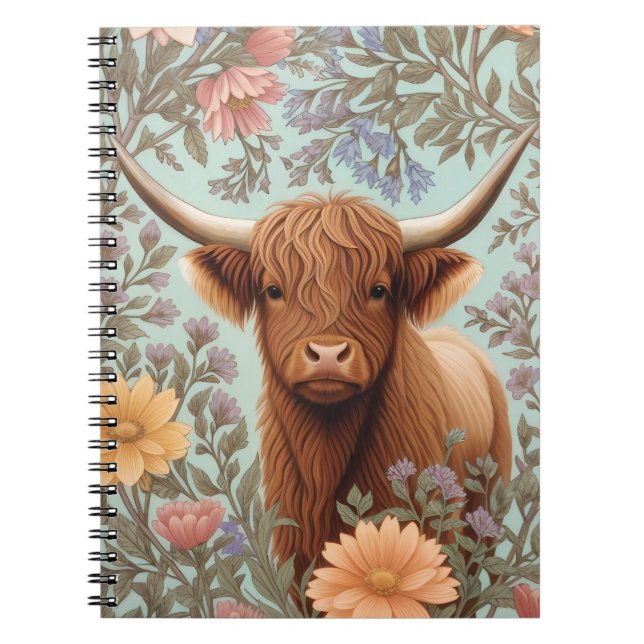 Cuaderno Highland Cow Pastel William Morris Inspired Floral (Frente)