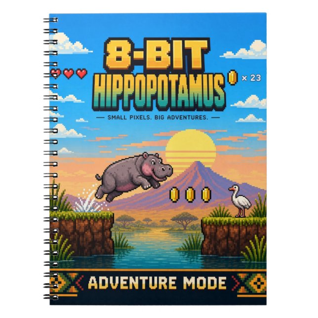 Cuaderno Hipopótamo, Arte de Pixel Retro de 8 Bits (Frente)