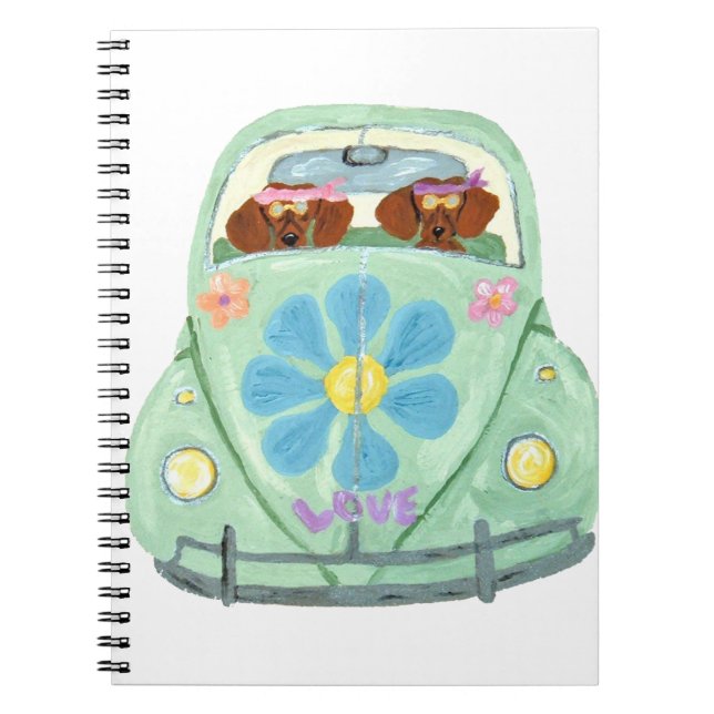Cuaderno Hippies Dachshund En Su Coche Del Amor Floral (Frente)