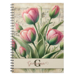 Cuaderno Hoja de tulipanes rosados y verdes de monograma