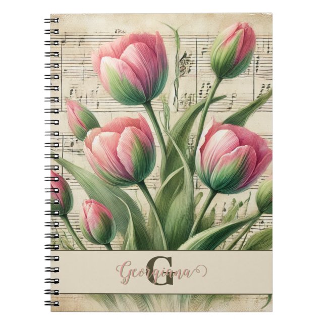 Cuaderno Hoja de tulipanes rosados y verdes de monograma (Frente)