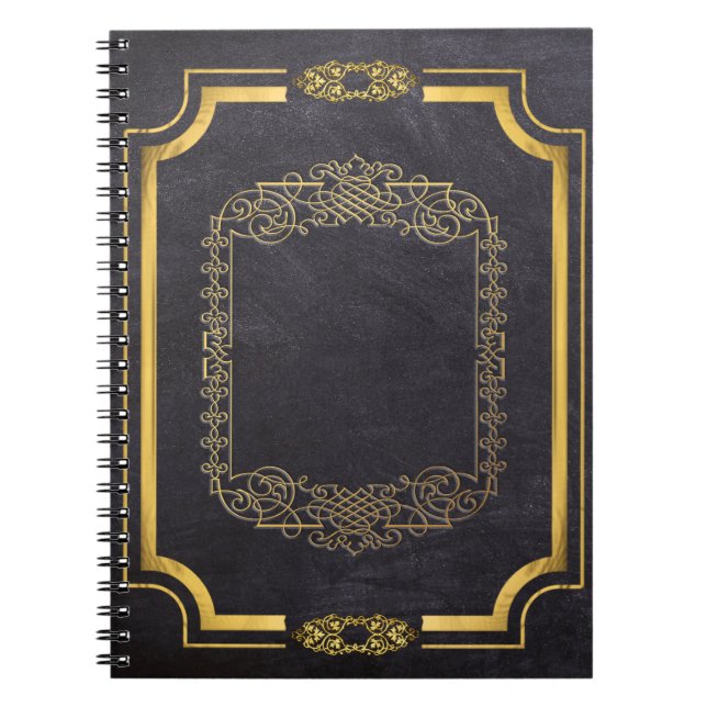 Cuaderno Hoja dorada y cuero negro falso (Frente)