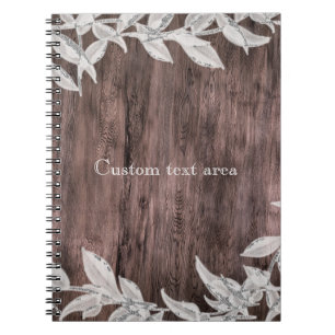 Cuaderno Hojas blancas y plateadas y madera rústica elegant